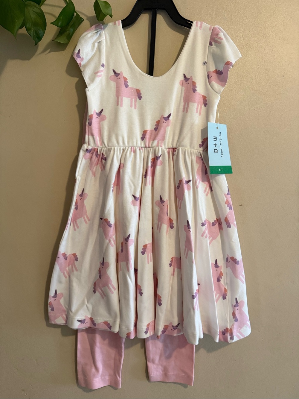 m+e Girls White Dress with Pink Unicorn Print and Pink Leggings